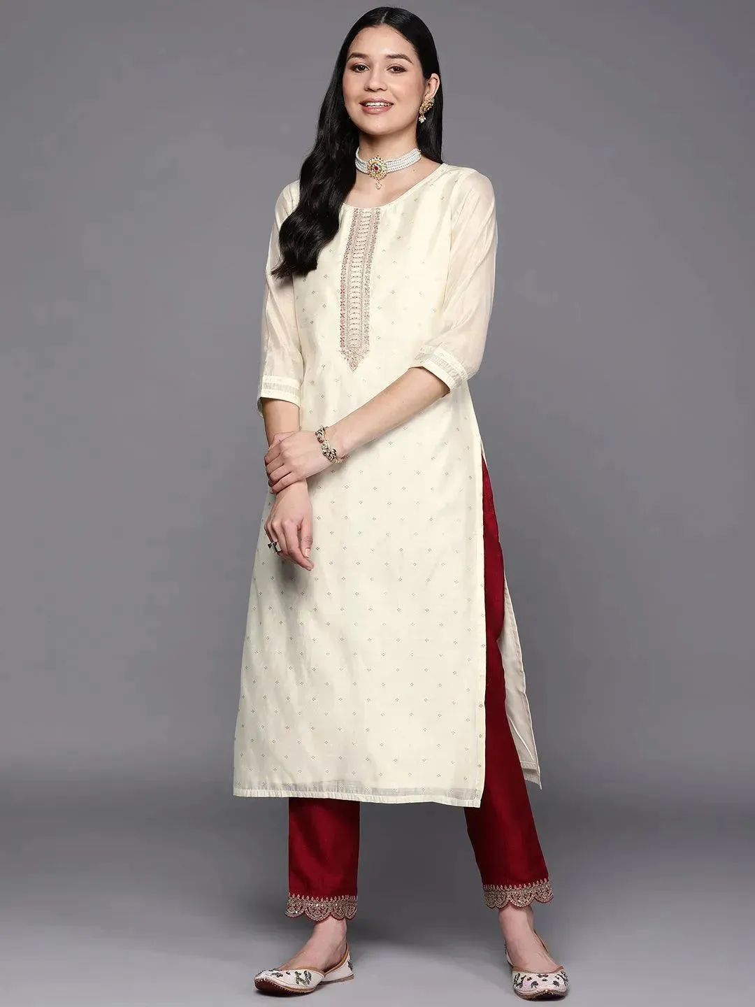 Cream Embroidered Chanderi Silk Straight Kurta