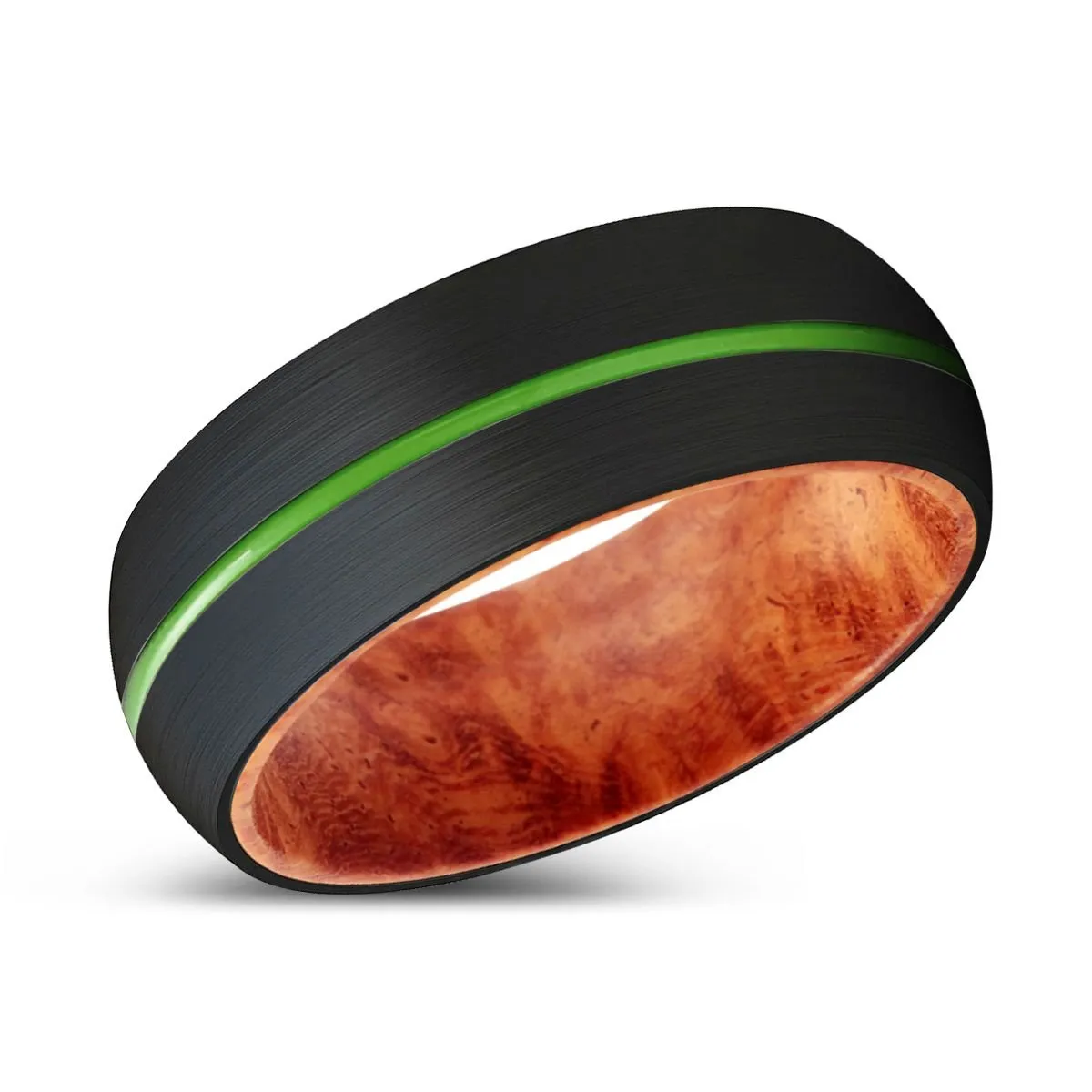 DARBY | Red Burl Wood, Black Tungsten Ring, Green Groove, Domed