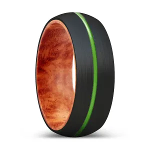 DARBY | Red Burl Wood, Black Tungsten Ring, Green Groove, Domed
