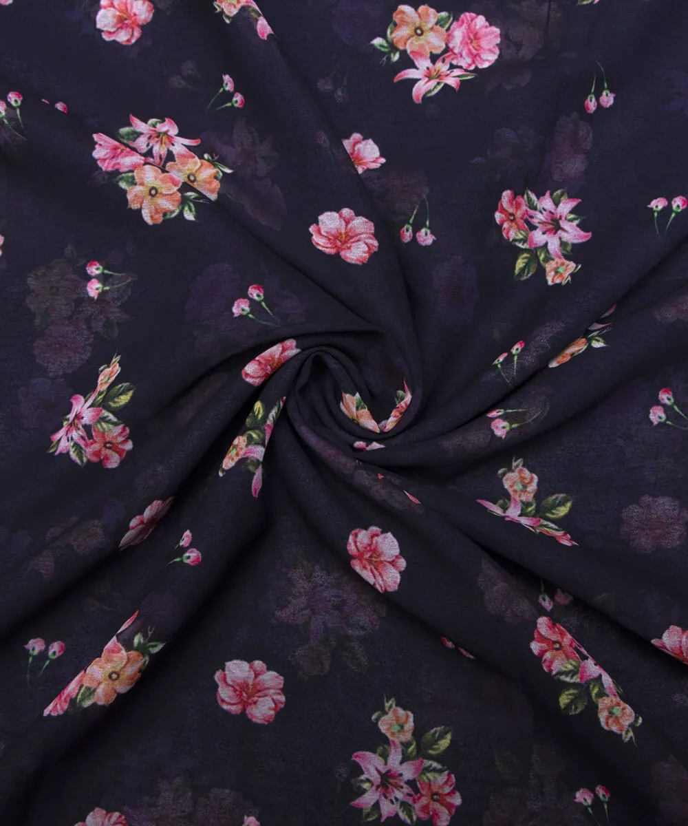 Dark Navy Blue Colour Floral Print  Digital Georgette Fabric