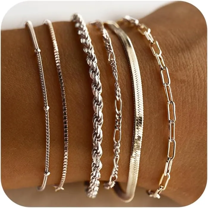 DEARMAY Gold Bracelets for Women Waterproof, 14K Real Gold Jewelry Sets Trendy Thin Dainty Stackable Cuban Link Paperclip Chain Bracelet Pack Fashion Accessories Gifts for Womens