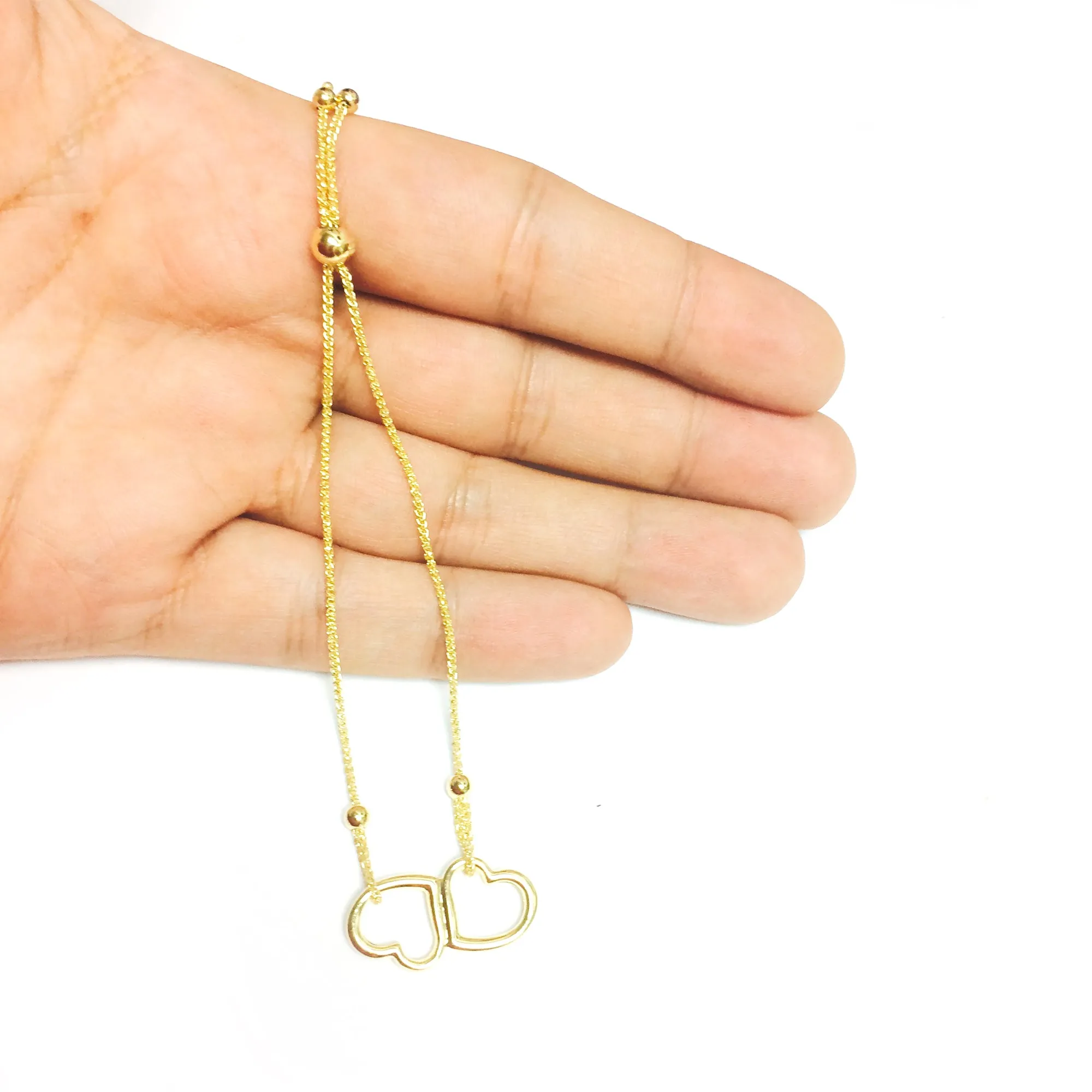 Double Open Heart Center Element Bolo Friendship Adjustable Bracelet In 14K Yellow Gold, 9.25"