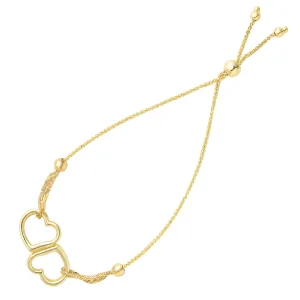 Double Open Heart Center Element Bolo Friendship Adjustable Bracelet In 14K Yellow Gold, 9.25"