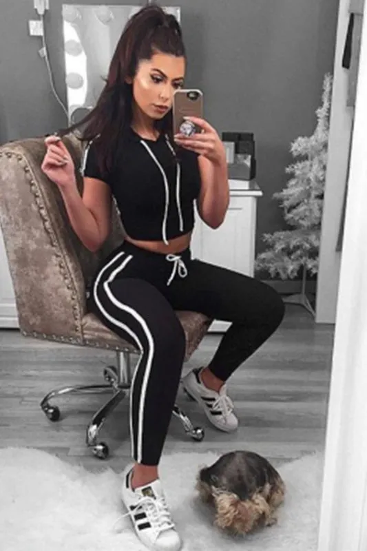 Drawstring Short Hoodie with Skinny Pants Two Pieces Sports Set