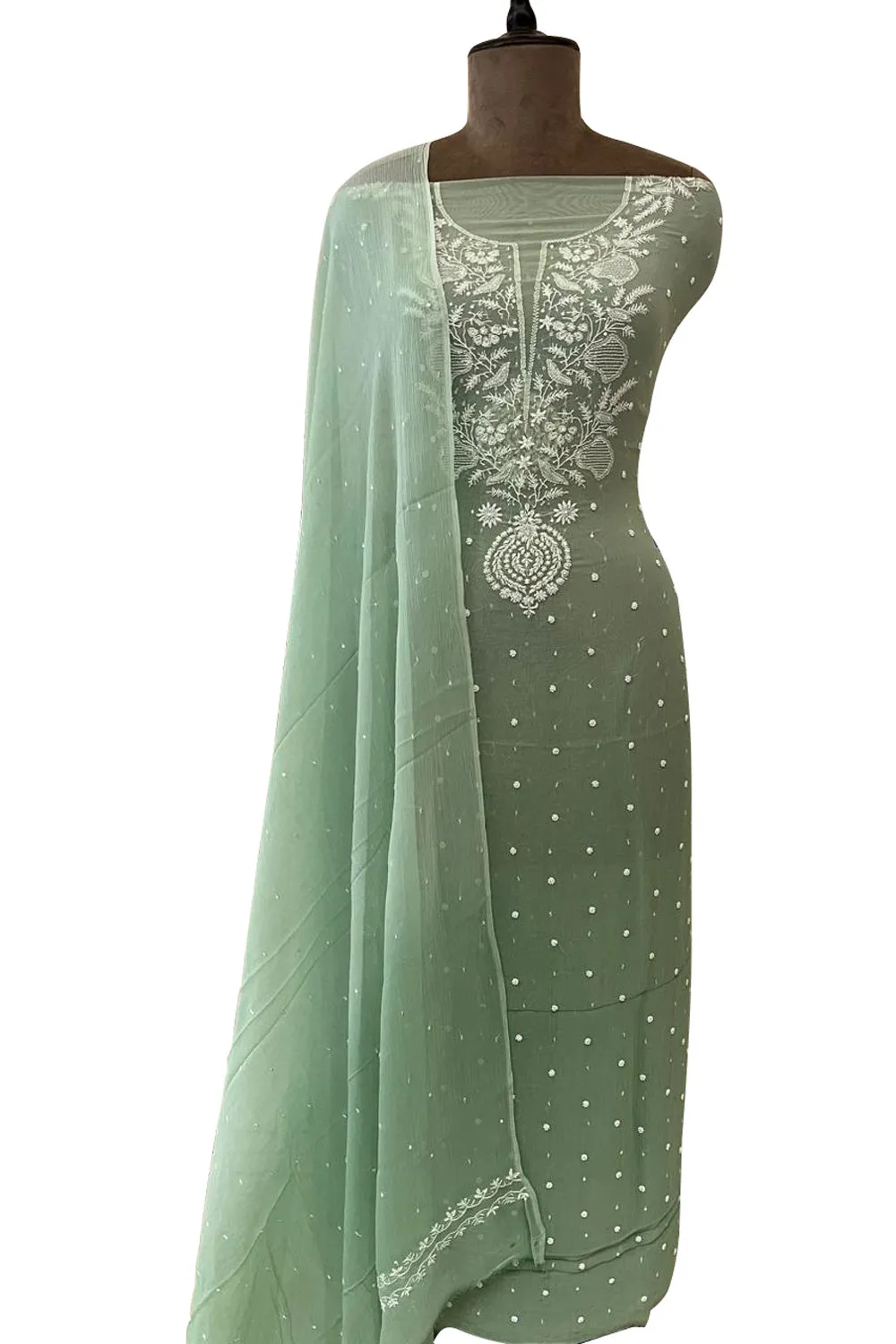 Elegant Chikankari Chiffon Suit: Shimmering Sequins & Delicate Pearls