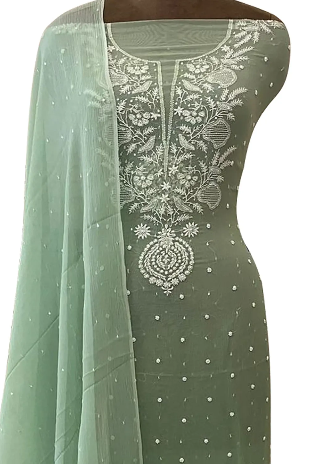 Elegant Chikankari Chiffon Suit: Shimmering Sequins & Delicate Pearls