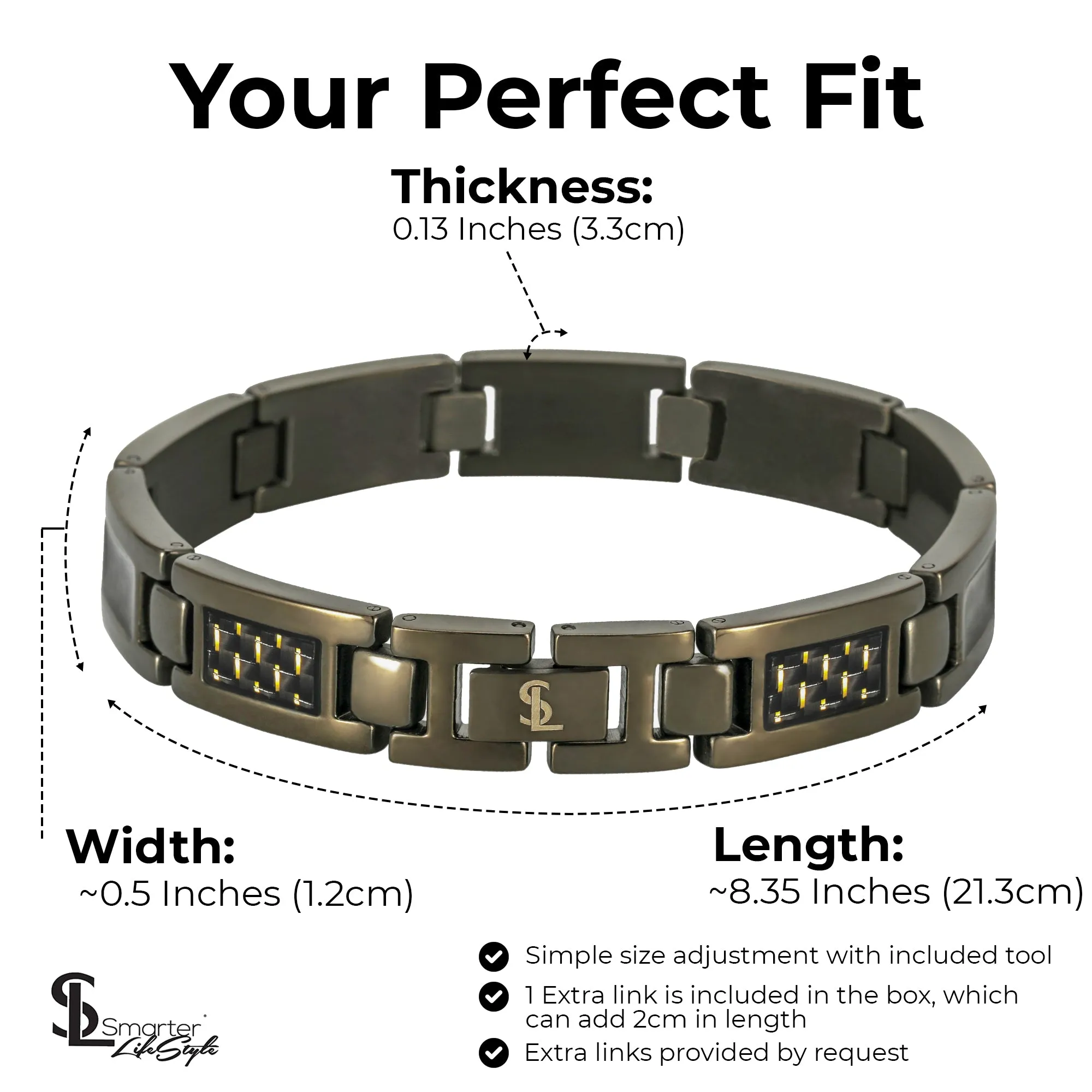 Elegant Surgical Grade Steel Men's Carbon Fiber Bracelet (Gunmetal Bracelet - Yellow Carbon Fiber)