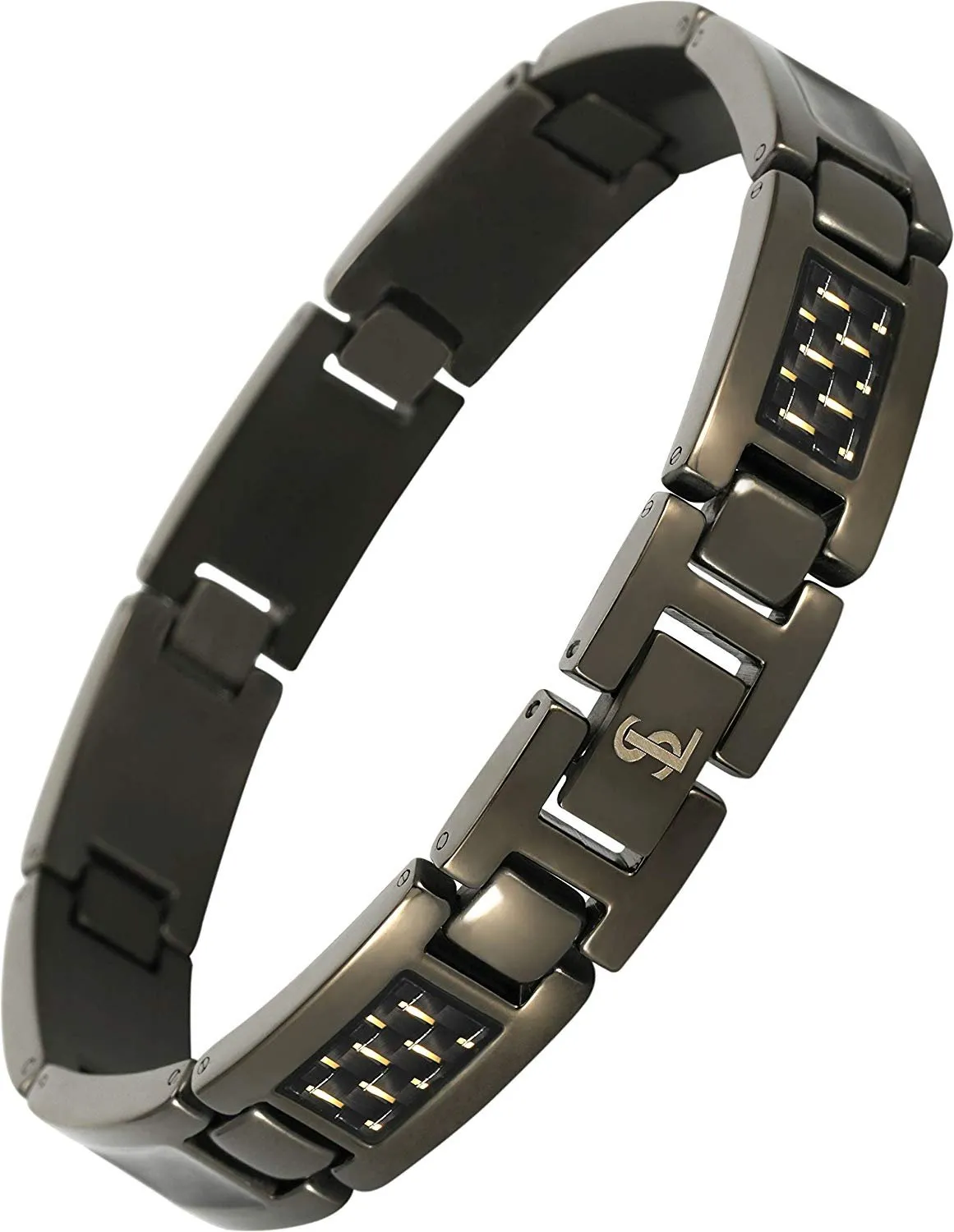 Elegant Surgical Grade Steel Men's Carbon Fiber Bracelet (Gunmetal Bracelet - Yellow Carbon Fiber)