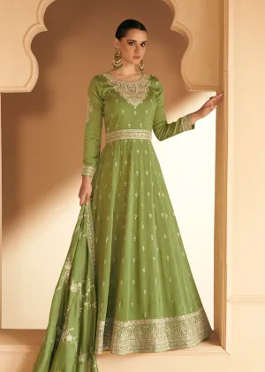 Embroidered Green Premium Silk Mehndi Wear Anarkali Suit