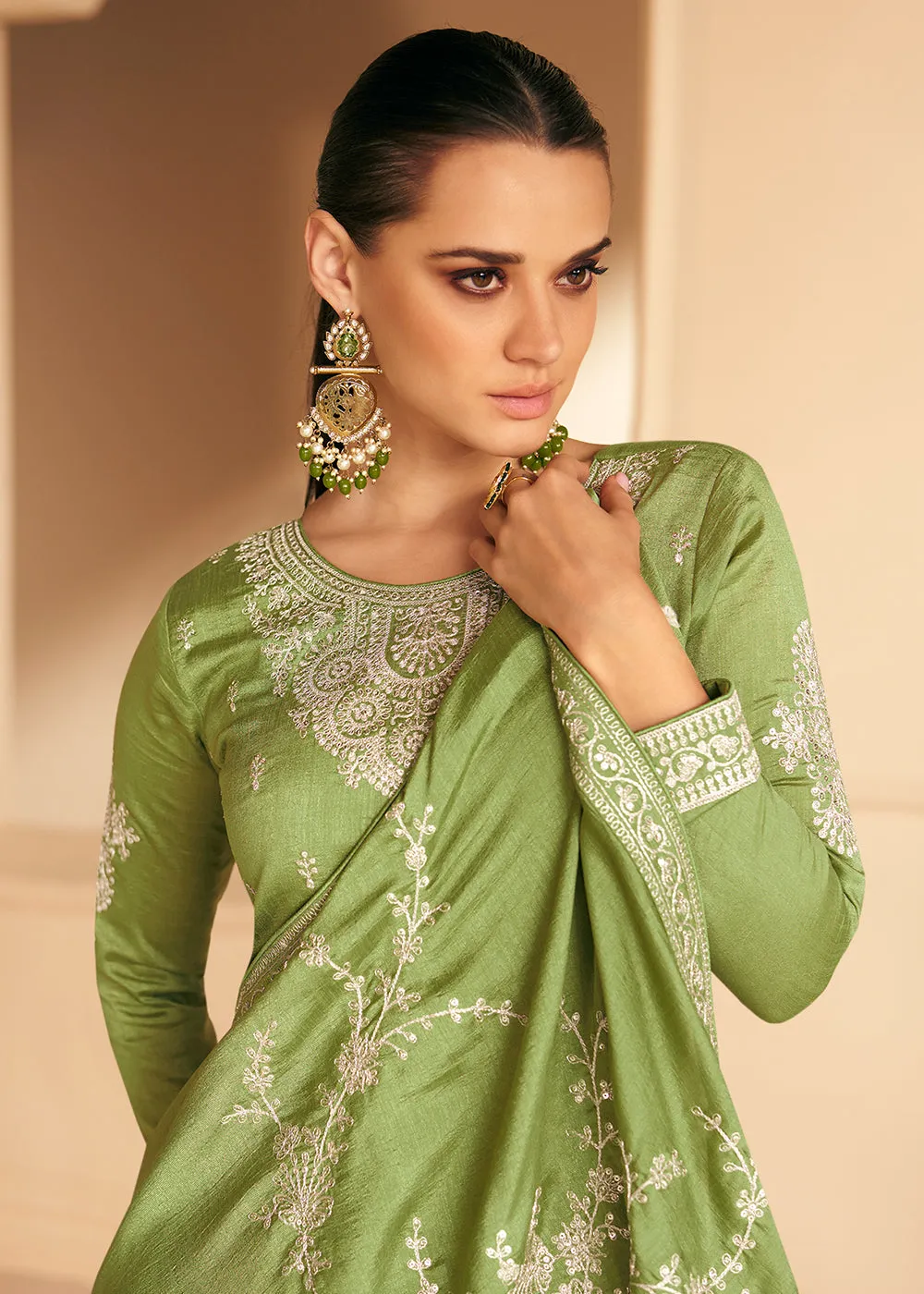 Embroidered Green Premium Silk Mehndi Wear Anarkali Suit