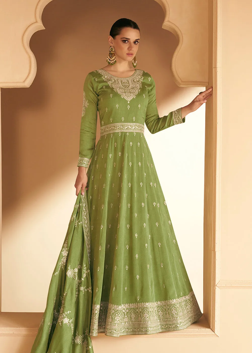 Embroidered Green Premium Silk Mehndi Wear Anarkali Suit