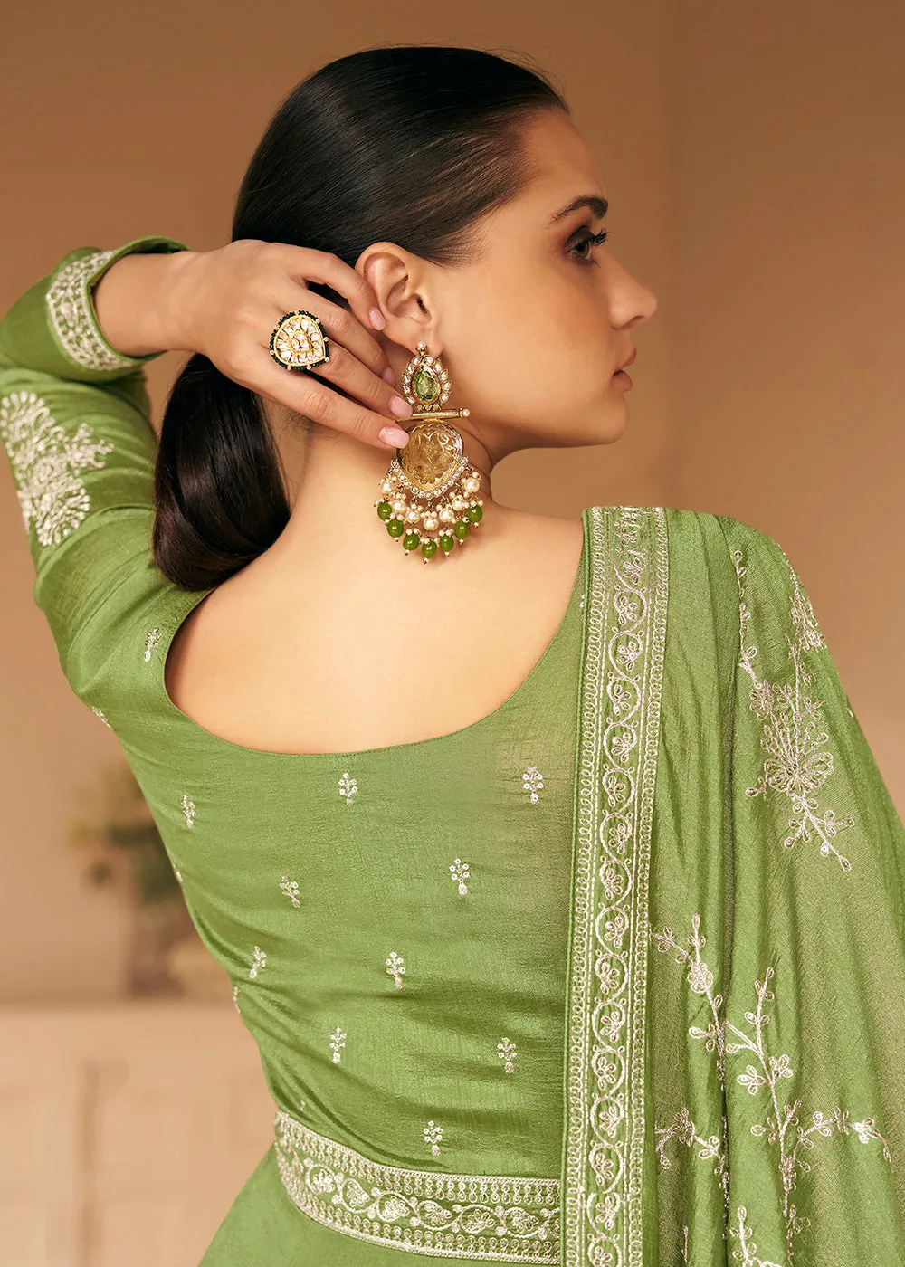Embroidered Green Premium Silk Mehndi Wear Anarkali Suit