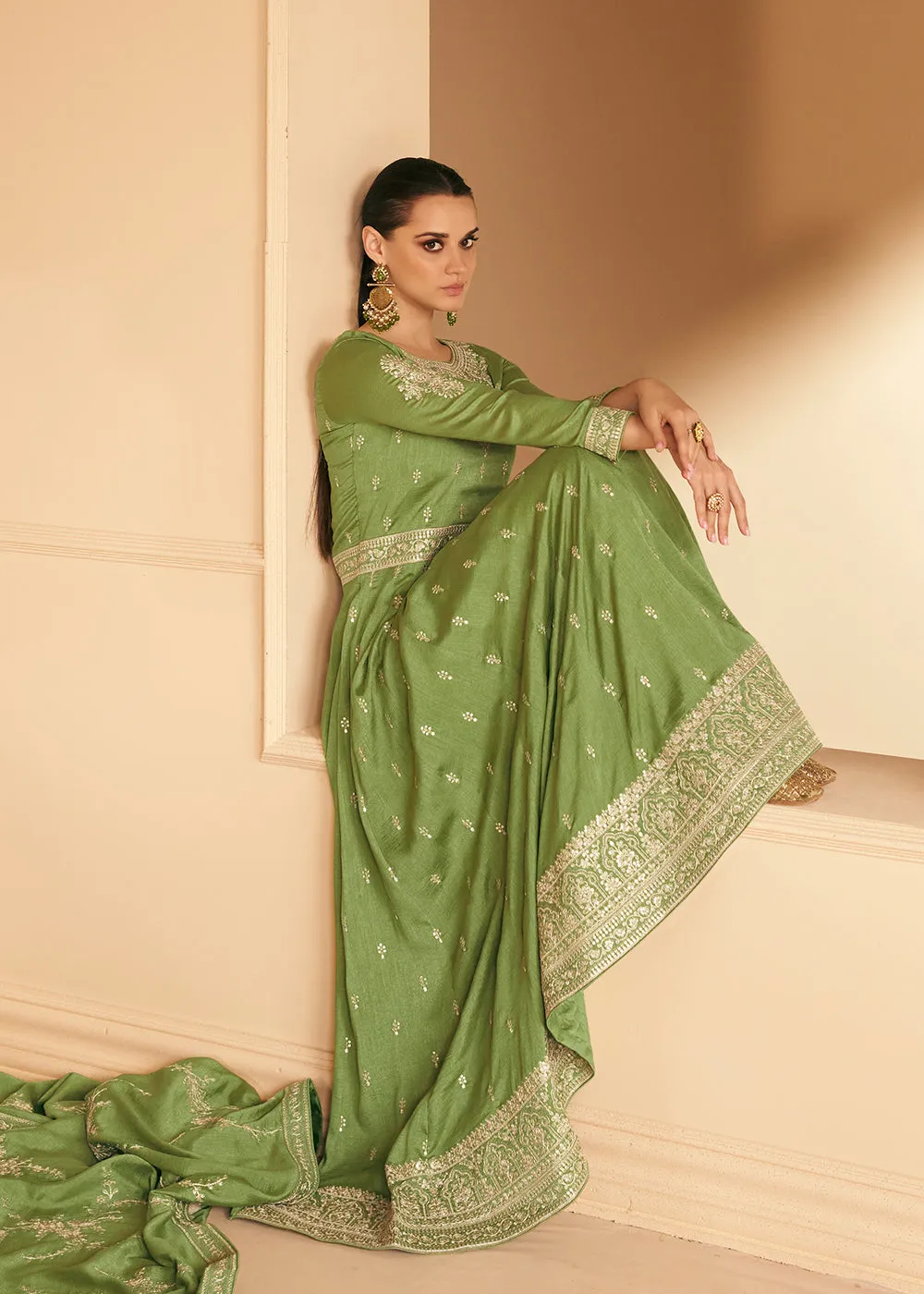 Embroidered Green Premium Silk Mehndi Wear Anarkali Suit