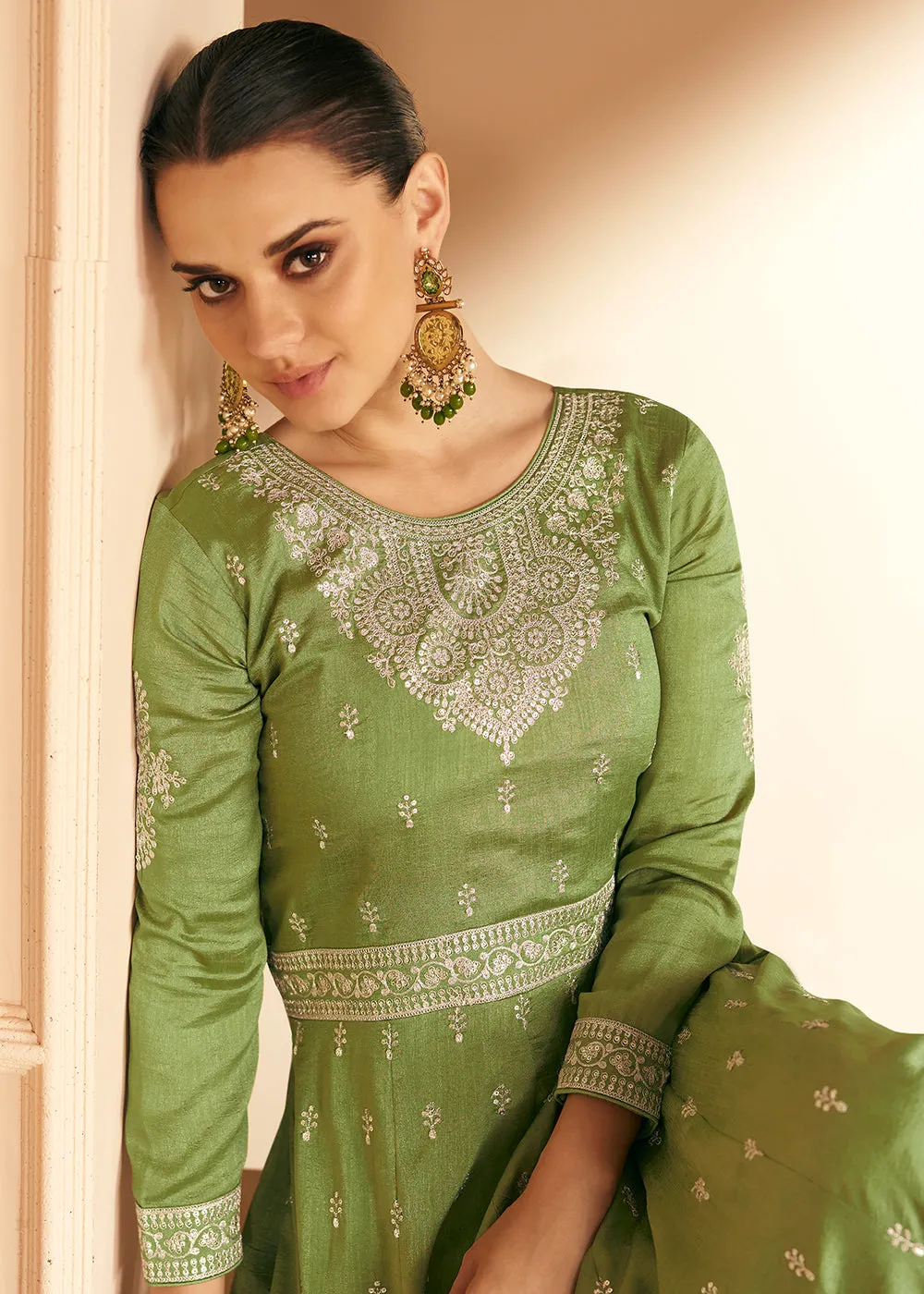 Embroidered Green Premium Silk Mehndi Wear Anarkali Suit