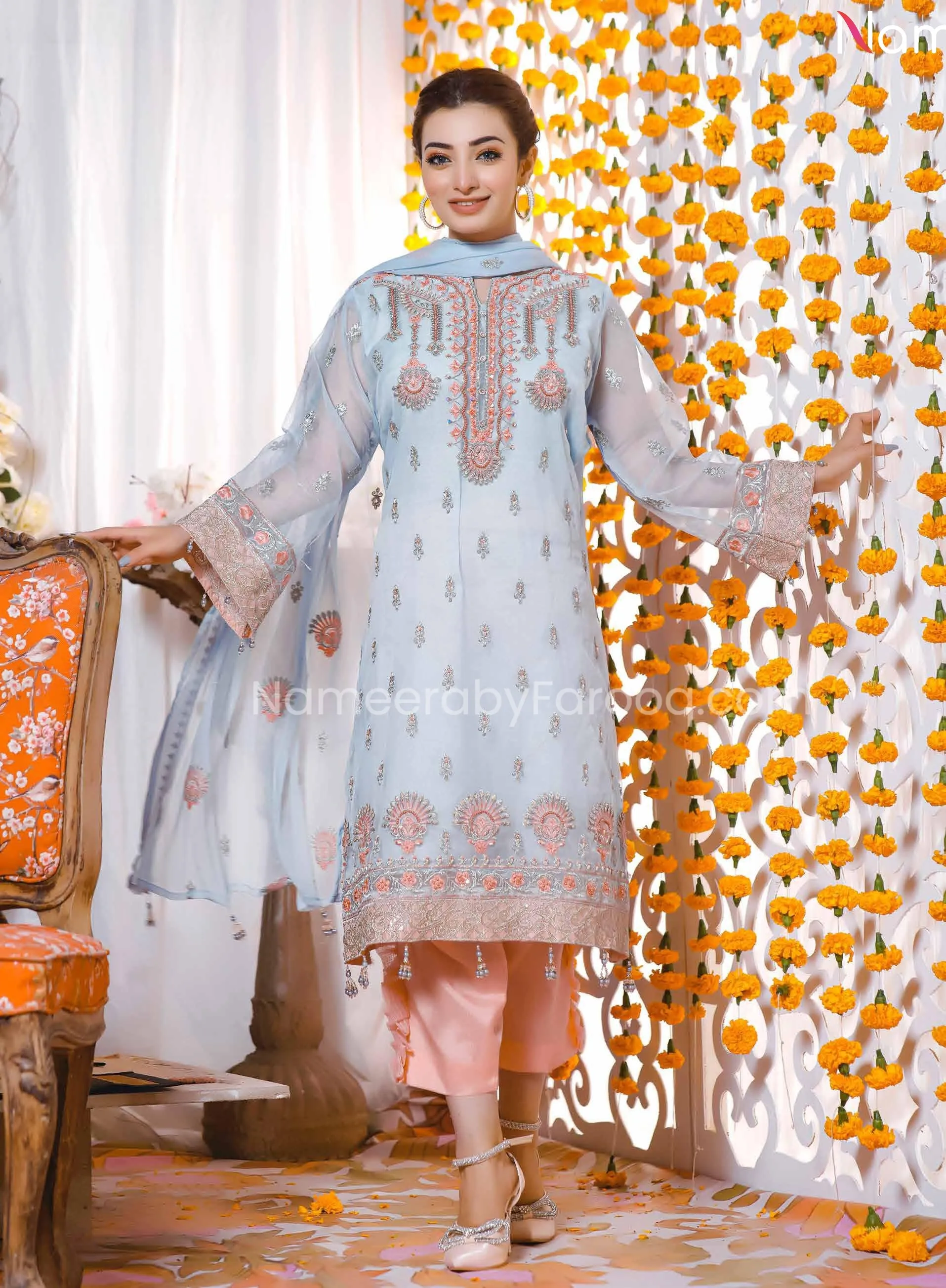 Embroidered Salwar Kameez in Light Blue Shade #PF243