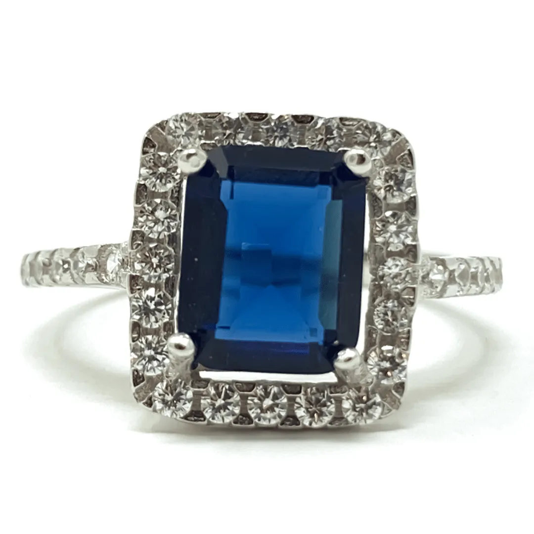 Emerald Cut Blue Sapphire & CZ .925 Sterling Silver Ring