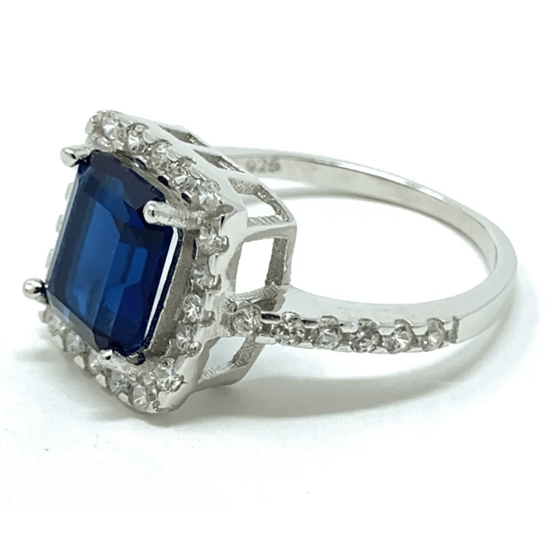 Emerald Cut Blue Sapphire & CZ .925 Sterling Silver Ring