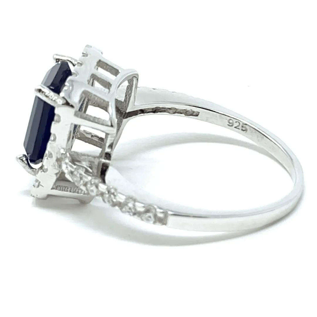 Emerald Cut Blue Sapphire & CZ .925 Sterling Silver Ring