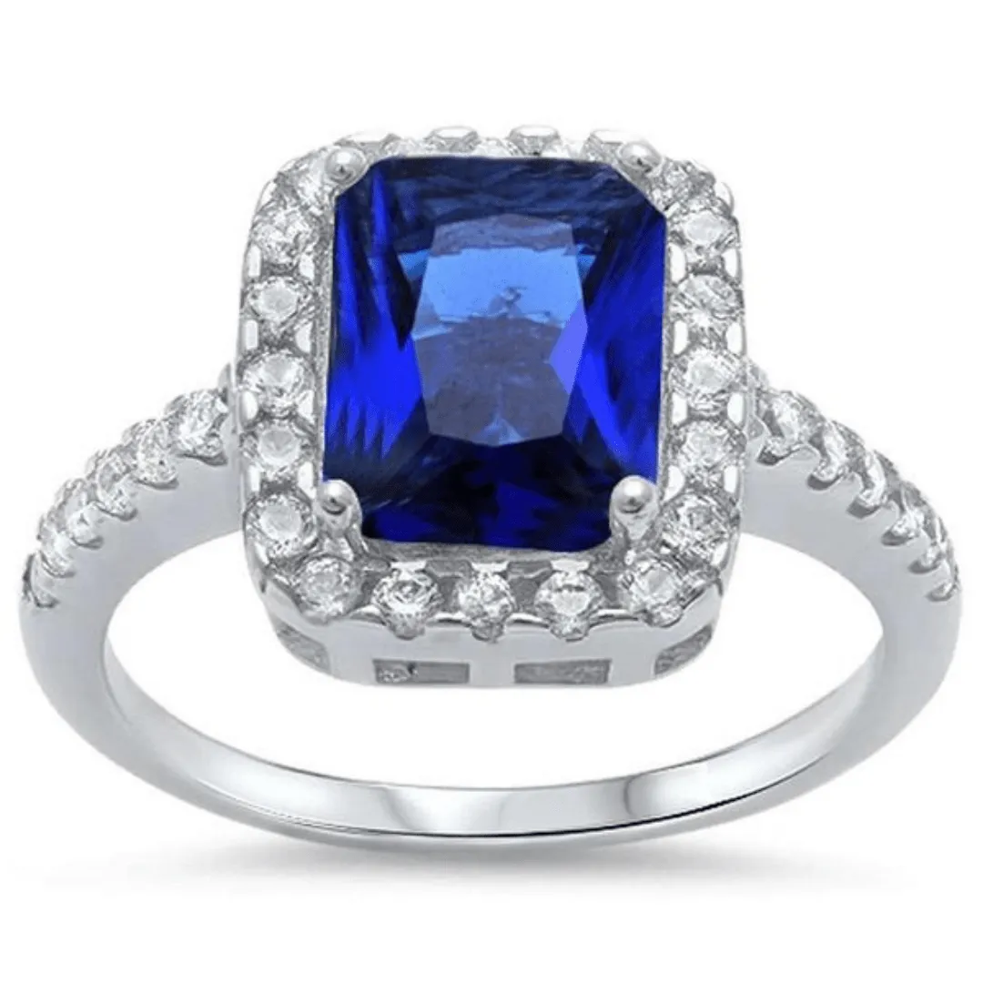 Emerald Cut Blue Sapphire & CZ .925 Sterling Silver Ring