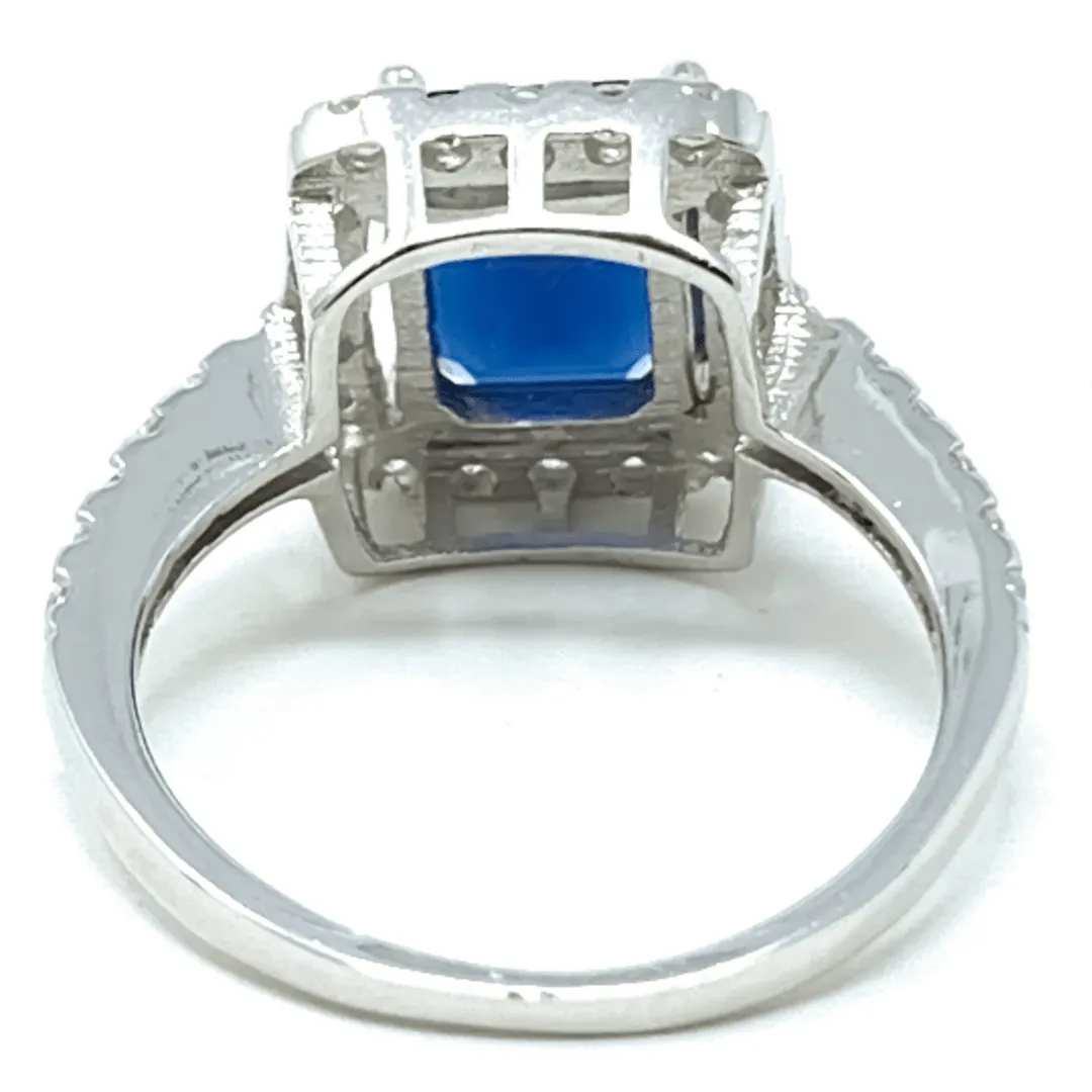 Emerald Cut Blue Sapphire & CZ .925 Sterling Silver Ring