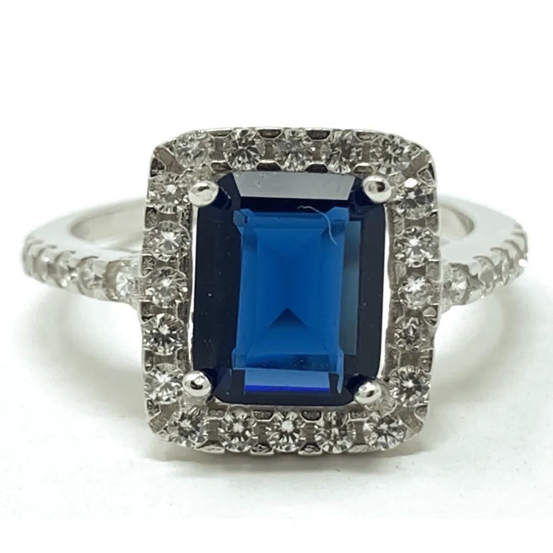 Emerald Cut Blue Sapphire & CZ .925 Sterling Silver Ring