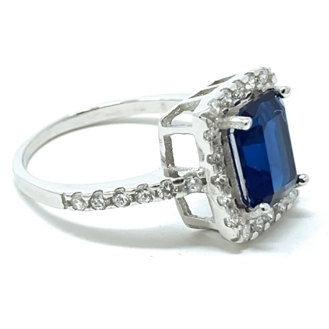 Emerald Cut Blue Sapphire & CZ .925 Sterling Silver Ring