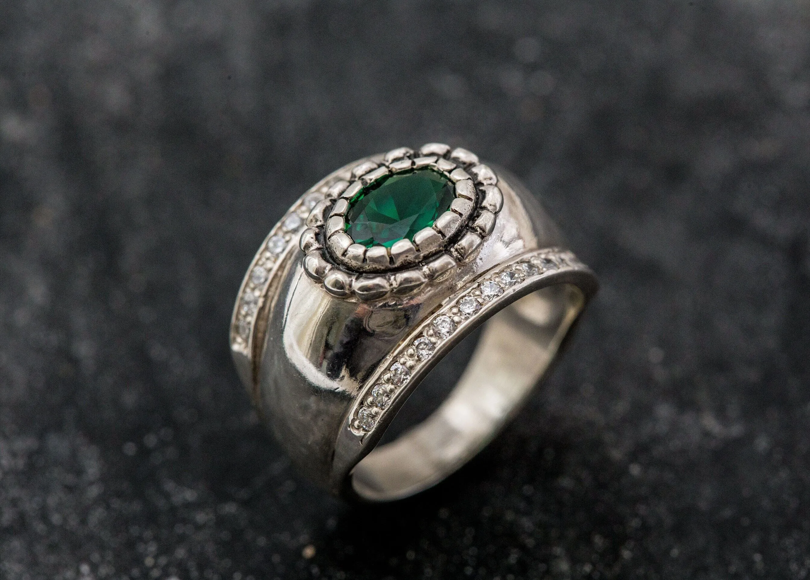 Emerald Dome Ring - Wide Chunky Band - Statement Emerald Ring
