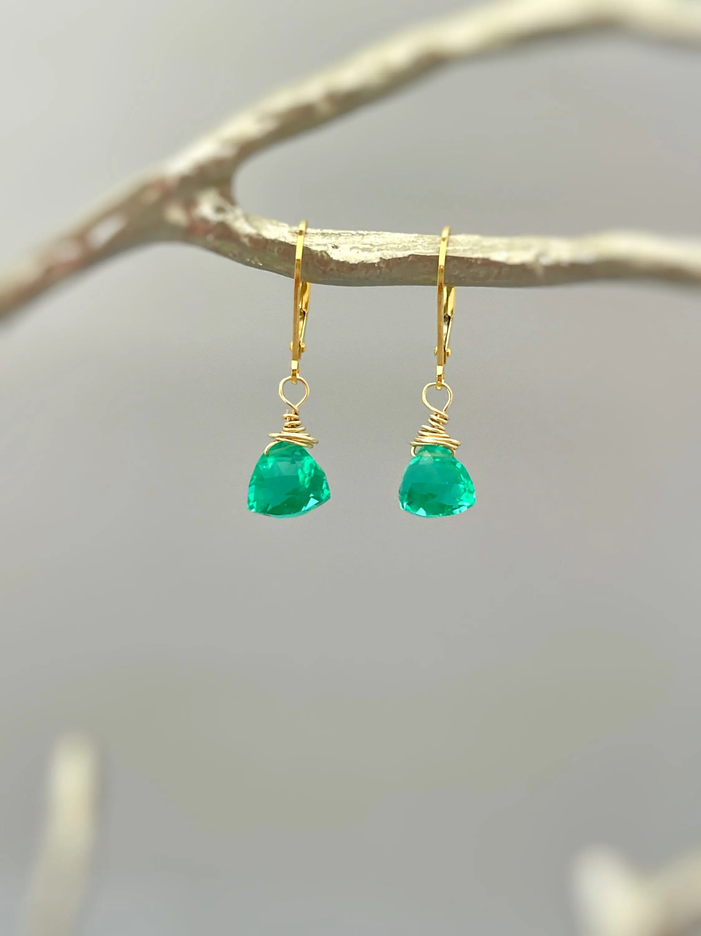 Emerald Green Gemstone earrings dangle Sterling Silver, 14k gold,  Rose Gold Dainty drop crystal Quartz dangly birthstone handmade jewelry