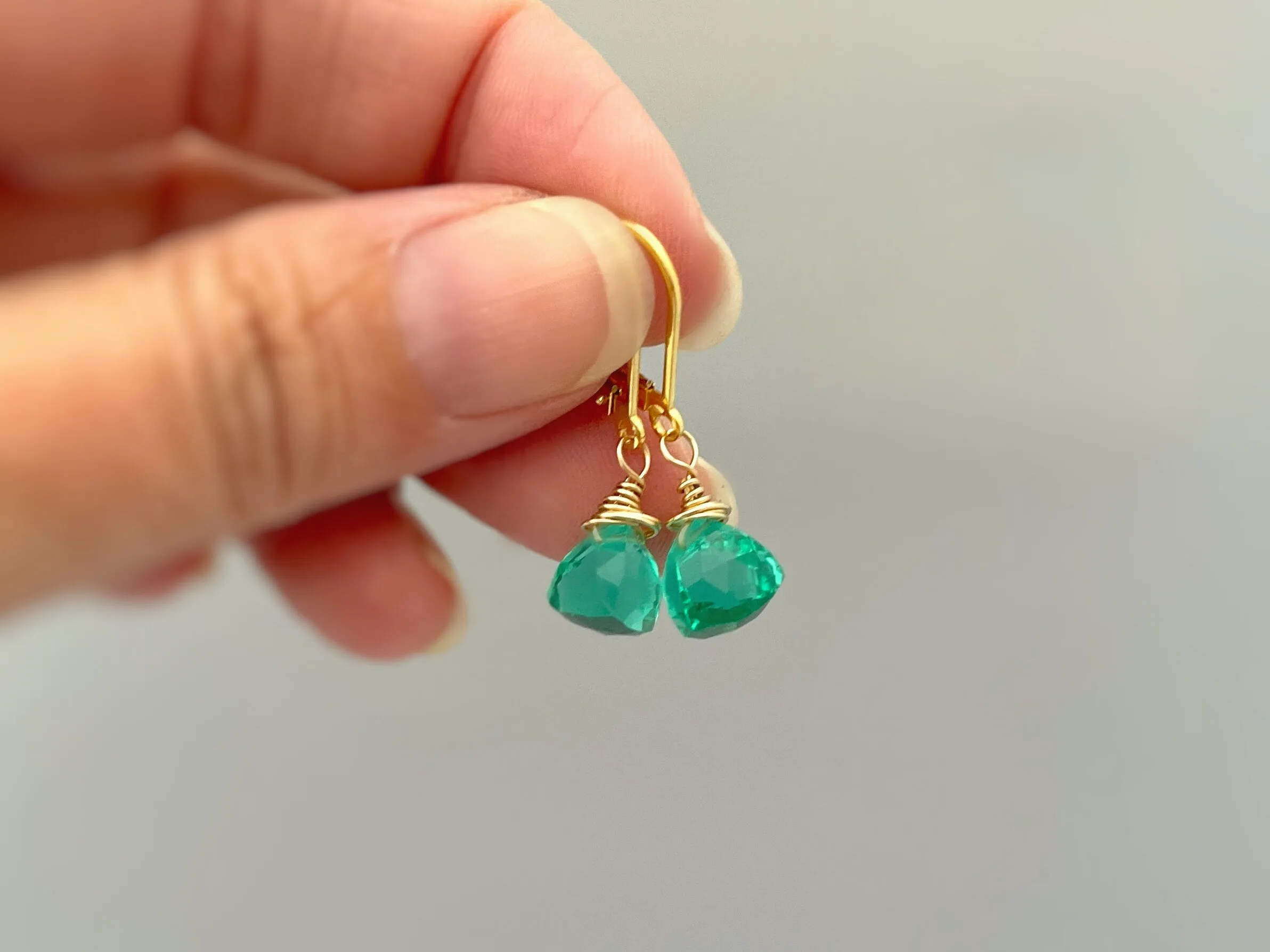 Emerald Green Gemstone earrings dangle Sterling Silver, 14k gold,  Rose Gold Dainty drop crystal Quartz dangly birthstone handmade jewelry