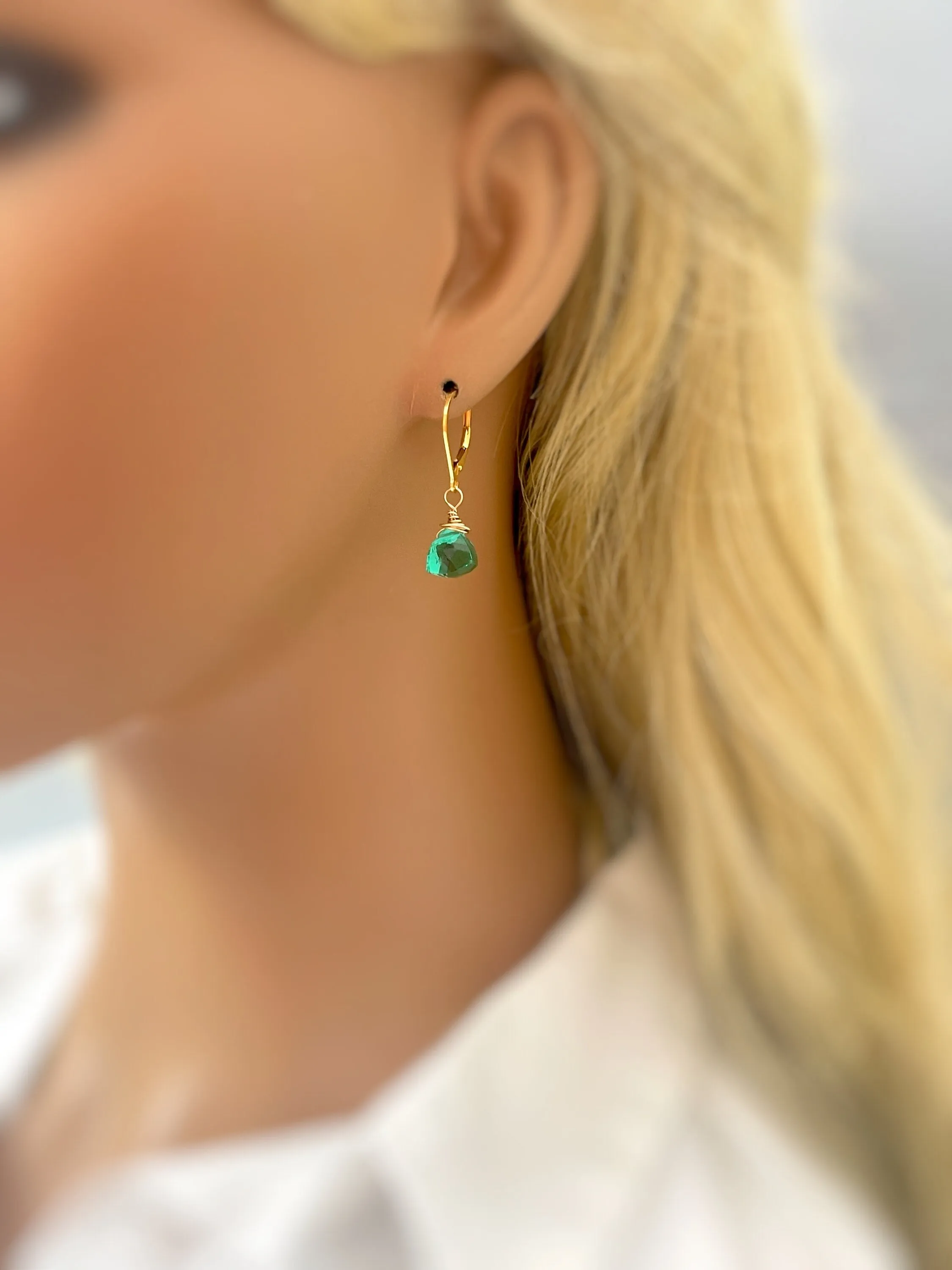 Emerald Green Gemstone earrings dangle Sterling Silver, 14k gold,  Rose Gold Dainty drop crystal Quartz dangly birthstone handmade jewelry