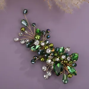 Emerald Rhinestones Hair Clip Side Headpiece for Women Handmade Gold Hair Jewelry Wedding Brides (Emerald)