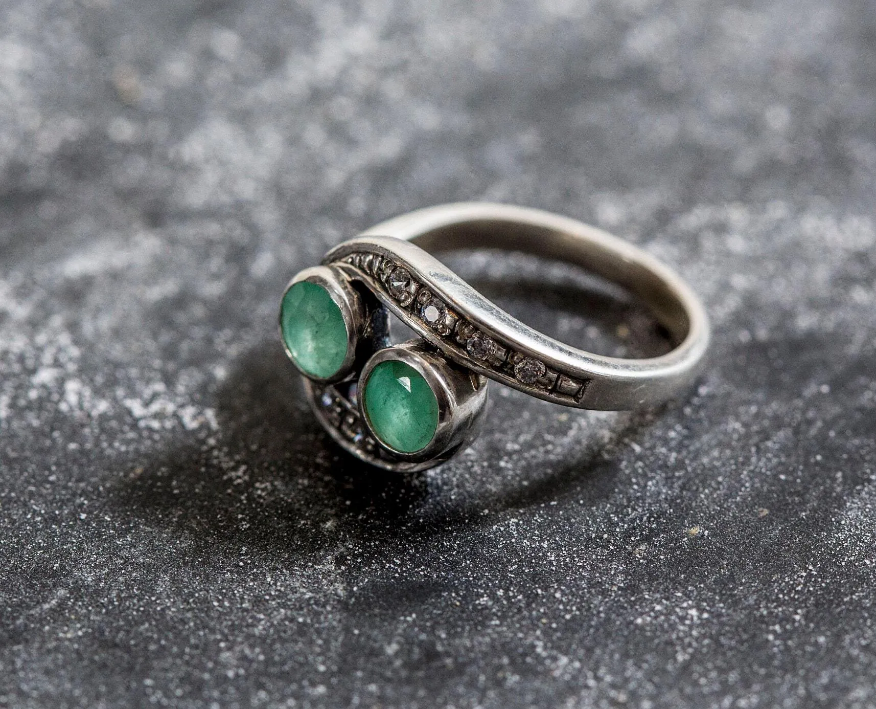 Emerald Vintage Ring - Two Stone Ring - Bypass Emerald Ring