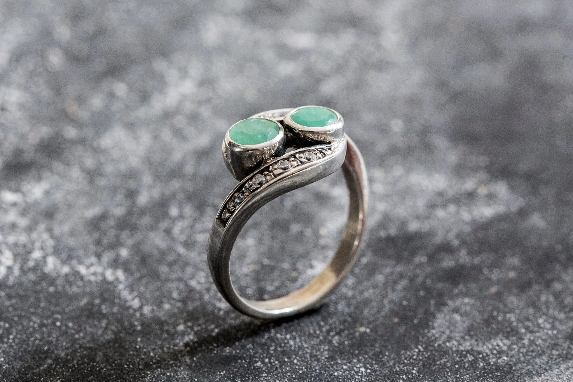 Emerald Vintage Ring - Two Stone Ring - Bypass Emerald Ring