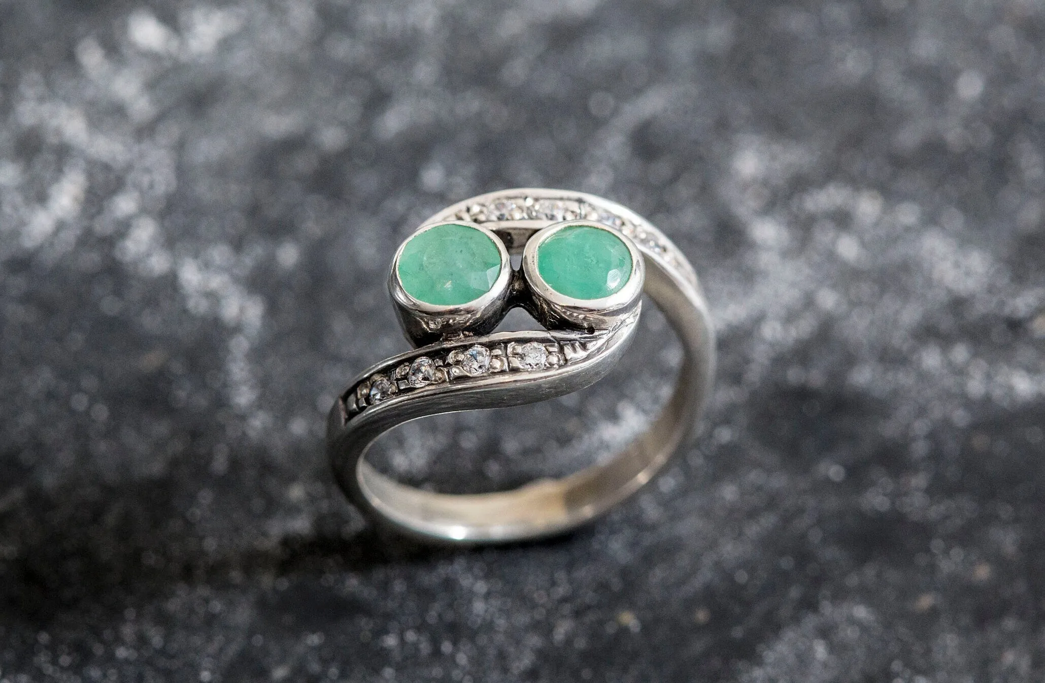 Emerald Vintage Ring - Two Stone Ring - Bypass Emerald Ring