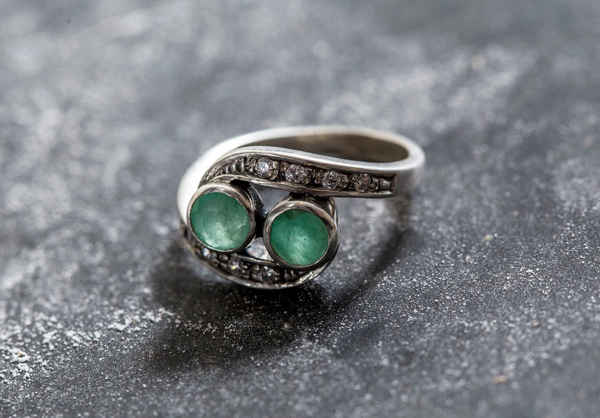 Emerald Vintage Ring - Two Stone Ring - Bypass Emerald Ring