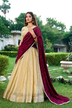 Enchanting  Kanchipuram Zari Weaved Cream Lehenga Choli Set