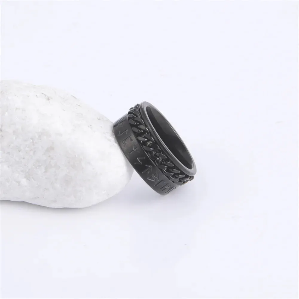 EUEAVAN Stainless Steel Rotatable Chain Men Rings Mysterious Runes Finger Ring Anxiety Relaxing Multifunctional Jewelry Gifts