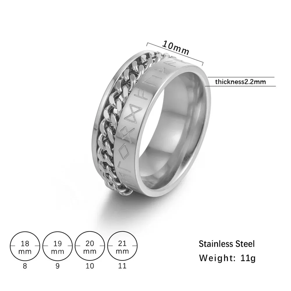 EUEAVAN Stainless Steel Rotatable Chain Men Rings Mysterious Runes Finger Ring Anxiety Relaxing Multifunctional Jewelry Gifts