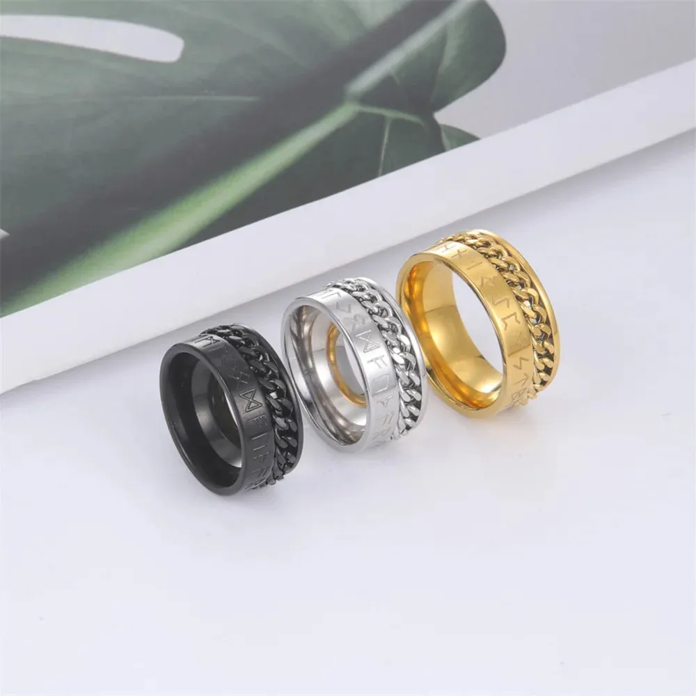 EUEAVAN Stainless Steel Rotatable Chain Men Rings Mysterious Runes Finger Ring Anxiety Relaxing Multifunctional Jewelry Gifts