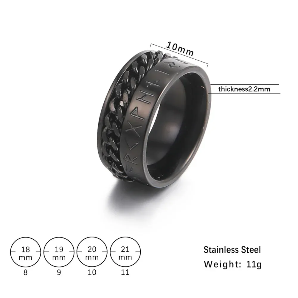 EUEAVAN Stainless Steel Rotatable Chain Men Rings Mysterious Runes Finger Ring Anxiety Relaxing Multifunctional Jewelry Gifts