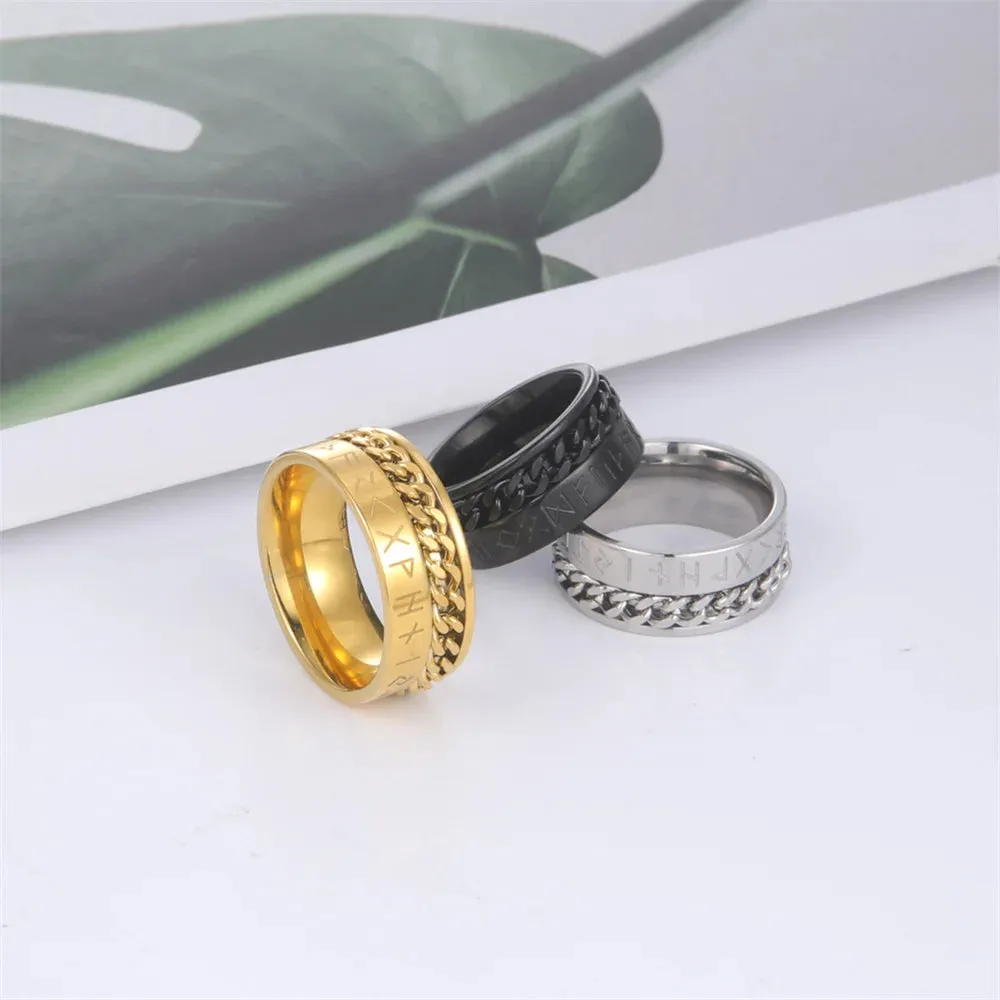 EUEAVAN Stainless Steel Rotatable Chain Men Rings Mysterious Runes Finger Ring Anxiety Relaxing Multifunctional Jewelry Gifts