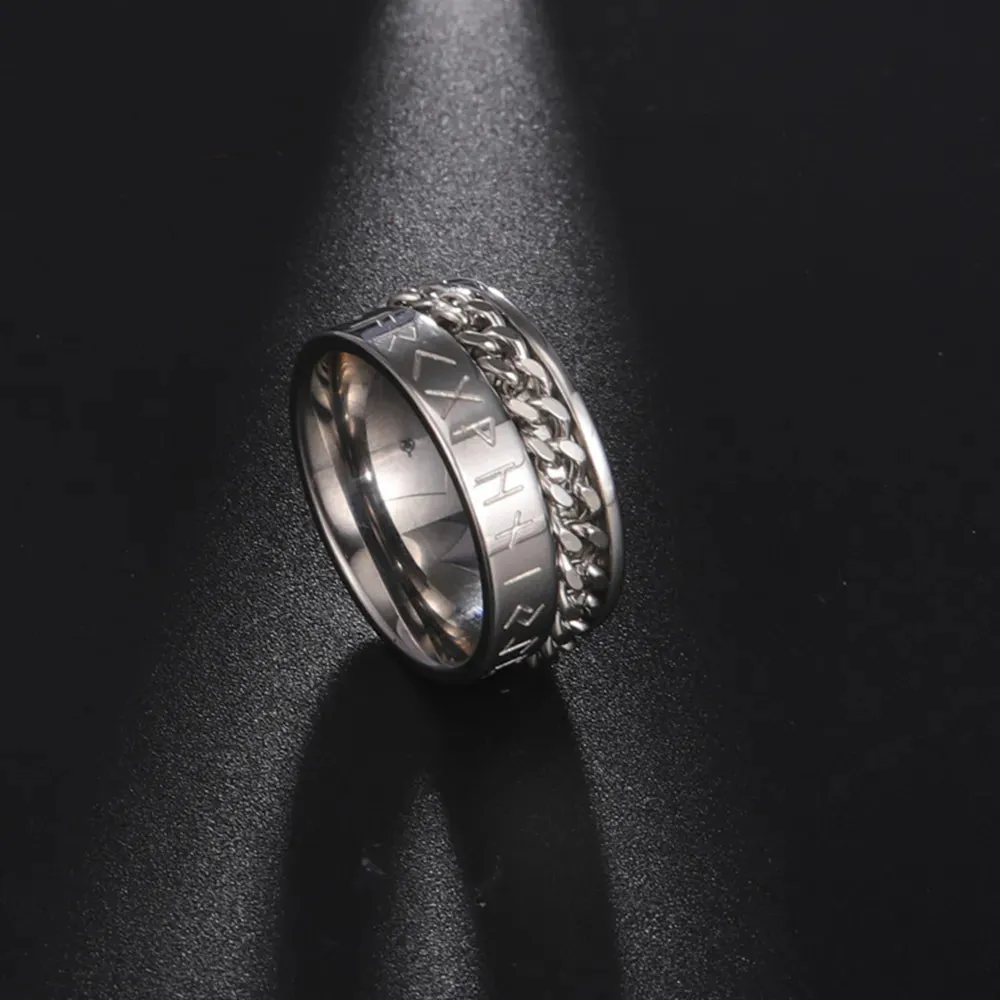 EUEAVAN Stainless Steel Rotatable Chain Men Rings Mysterious Runes Finger Ring Anxiety Relaxing Multifunctional Jewelry Gifts