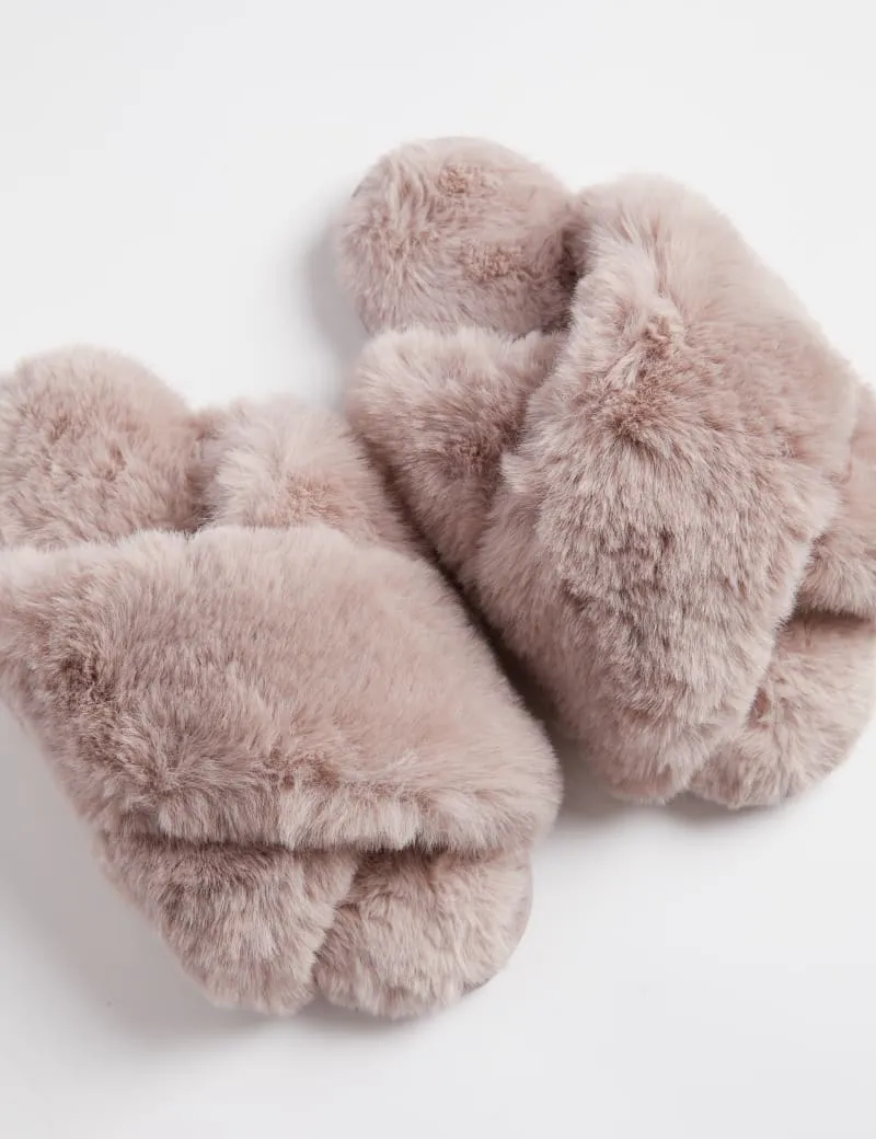 Faux Fur Crossover Slider Slippers
