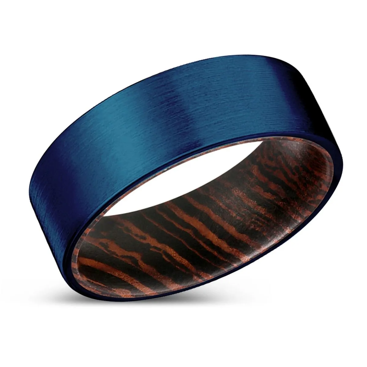 FREEBIRD | Wenge Wood, Blue Tungsten Ring, Brushed, Flat