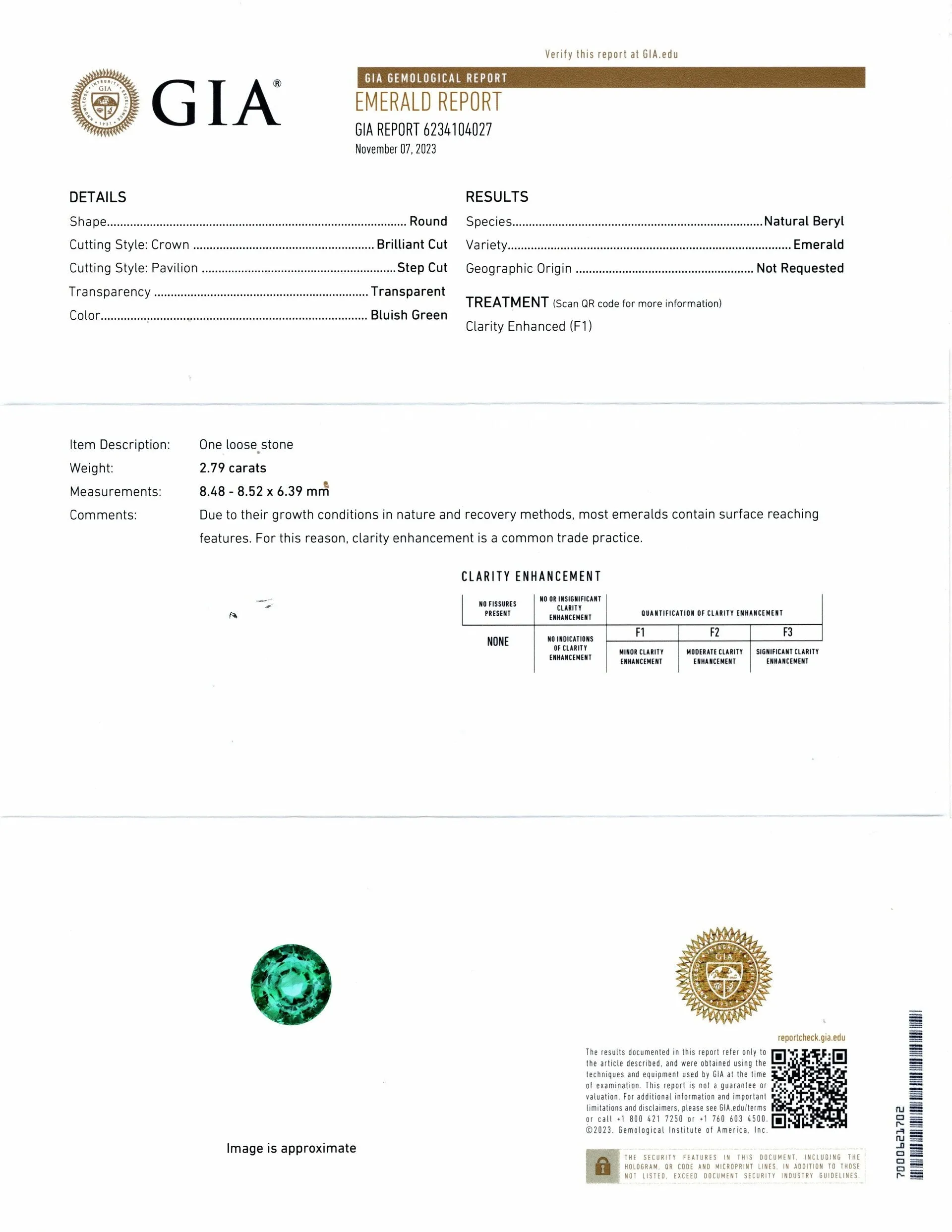GIA CERTIFIED MINOR OIL EMERALD 2.79ct ROUND CUT NATURAL GREEN LOOSE GEMSTONE