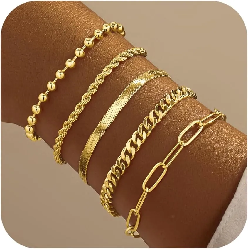 Gold Bracelets for Women,Dainty Bracelets Set for Women Trendy, Gold Bracelets Stack With Beaded, Cuban, Paperclip, Heart, Snake, Rope, Pearl, Cross, Hand Chain, Silver Jewelry Gifts for Women Christmas