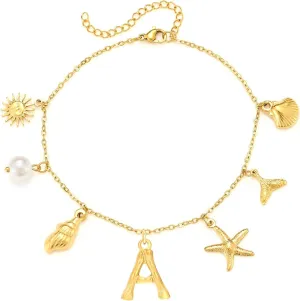 Gold Seashell Initial Ankle for Women Summer Beach Jewelry Stainless Steel Shell Starfish Charm Ankle Bracelets Women Beachy Anklets Jewelry (A3)