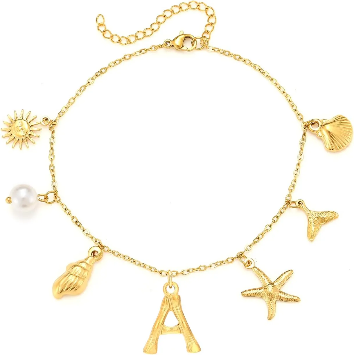 Gold Seashell Initial Ankle for Women Summer Beach Jewelry Stainless Steel Shell Starfish Charm Ankle Bracelets Women Beachy Anklets Jewelry (A3)
