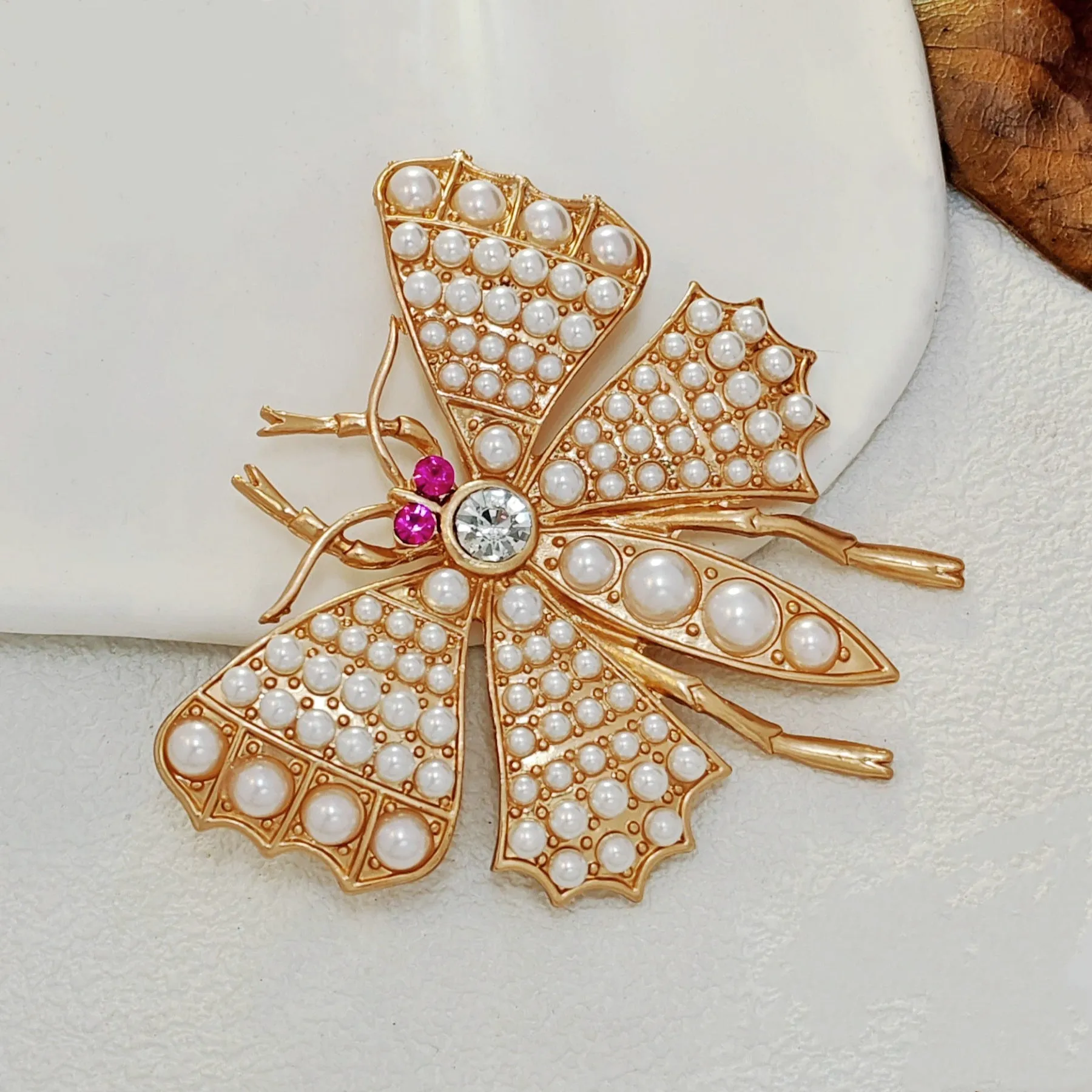 Gorgeous Gold & Imitated Pearl Large Butterfly Brooch Pin Statement Insect Jewelry