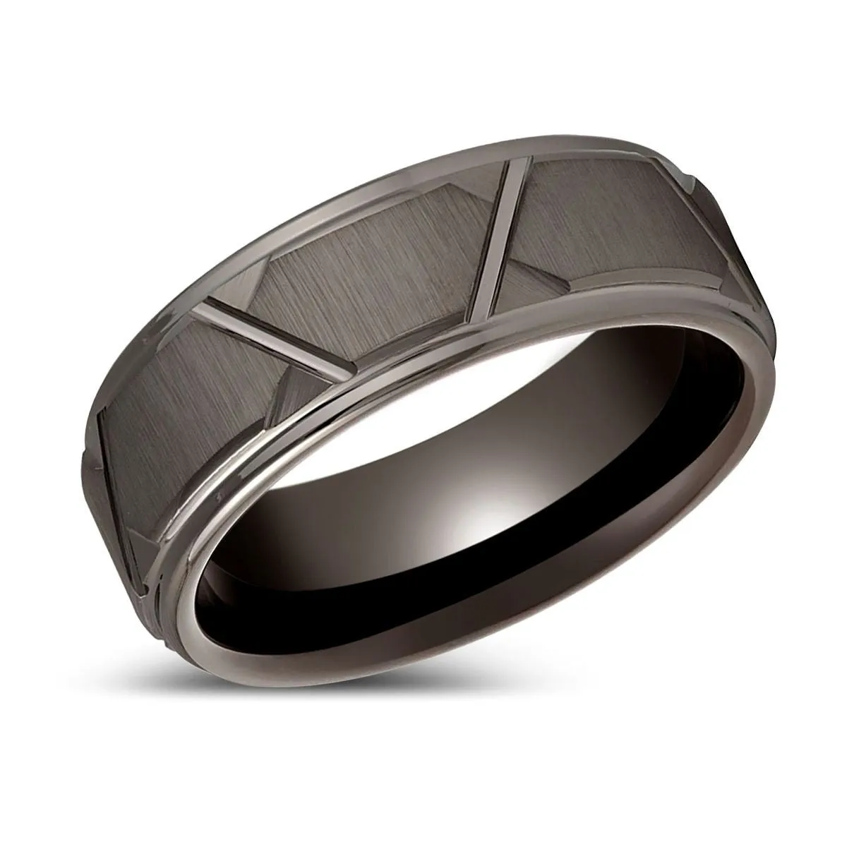 GRAPHIZOID | Gun Metal Tungsten Ring, Trapezoids Design, Stepped Edge
